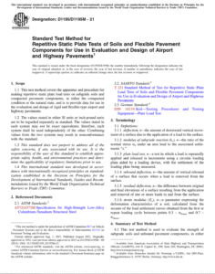 ASTM D1195 D1195M (2021) Standard Test Method for Repetitive Static Plate Tests of Soils and Flexible Pavement Components for Use in Evaluation and Design of Airport and Highway Pavements